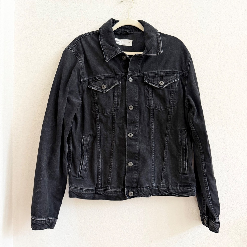 Topman Classic Black Denim Trucker Jacket Mens Large Faded Wash Cotton